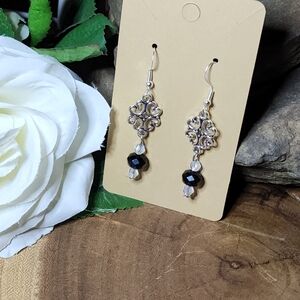 Hand Crafted Dangle Earrings With Black Faceted Glass and Silver Toned Accents